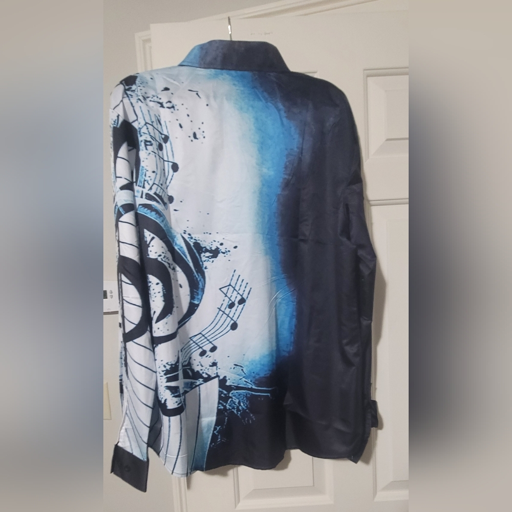 Men's Blue Gradient Button-Down Shirt with Musical Graphic